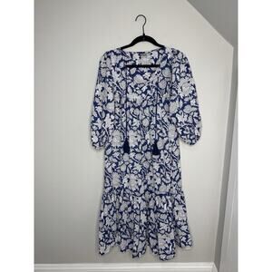 Boho Lightweight Cotton Maxi dress With Ruffle Tassels Blu Floral -Medium